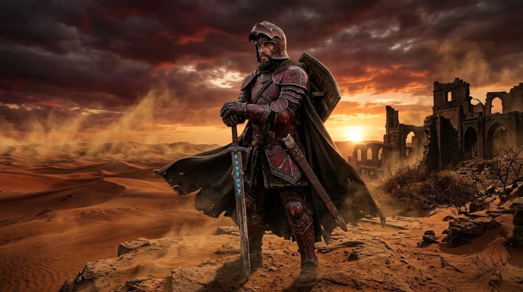 Chevalier armé debout dans paysage désertique aride.