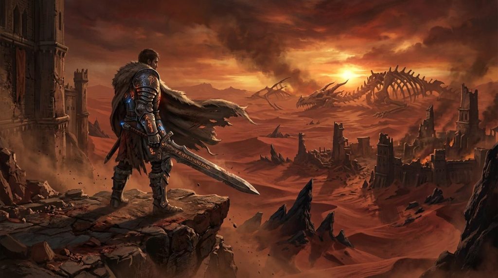 Chevalier armé observant ruines désertiques et squelette dragon géant