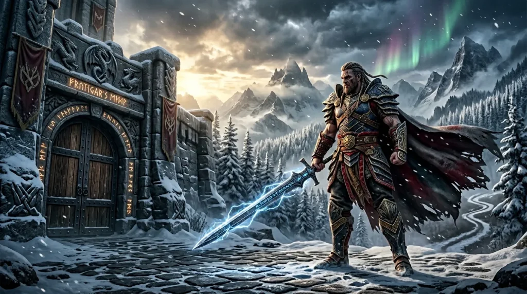 Guerrier nordique armé d'une épée magique bleue devant une forteresse