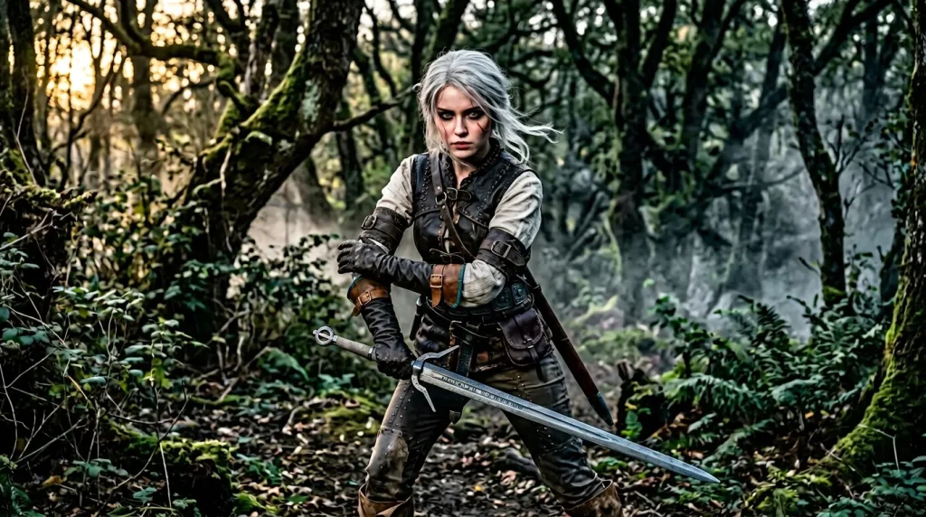 Femme guerrière aux cheveux gris, épée à la main, forêt dense.