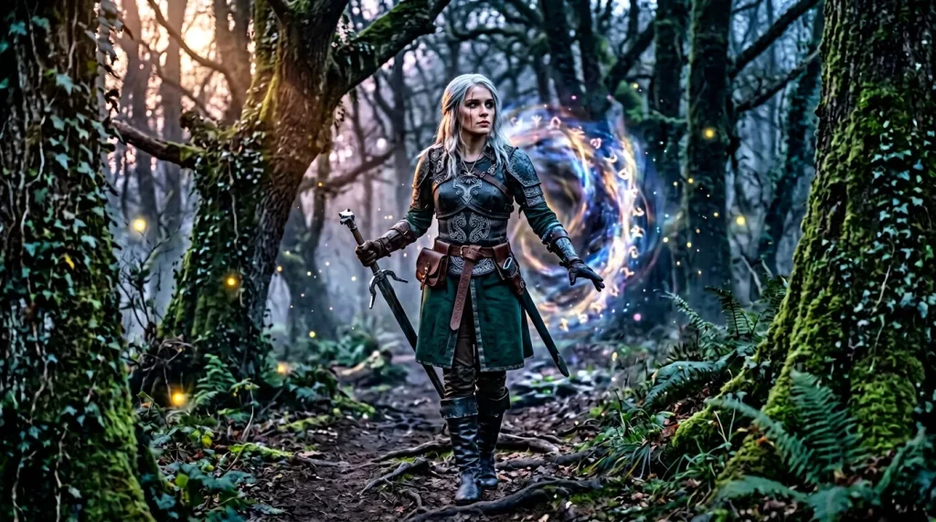 Femme guerrière avec épée dans forêt mystique illuminée