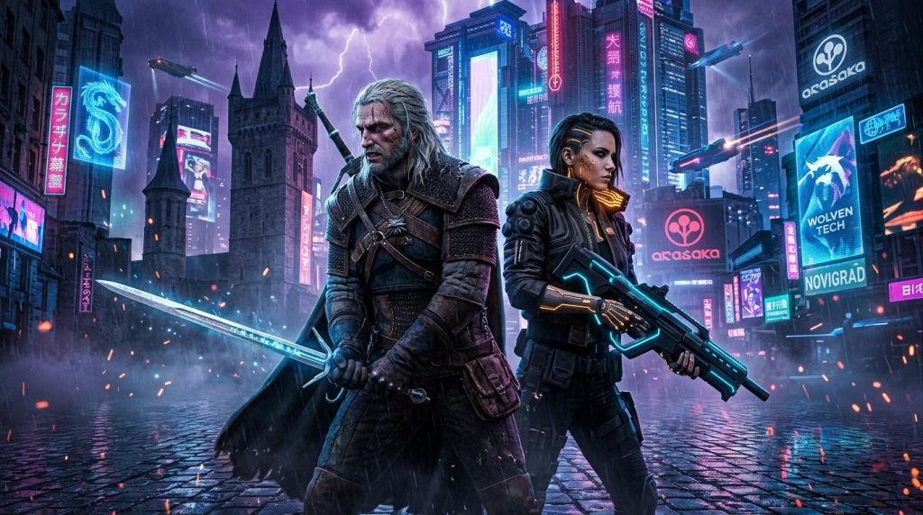 Deux combattants armés dans une ville futuriste illuminée néons