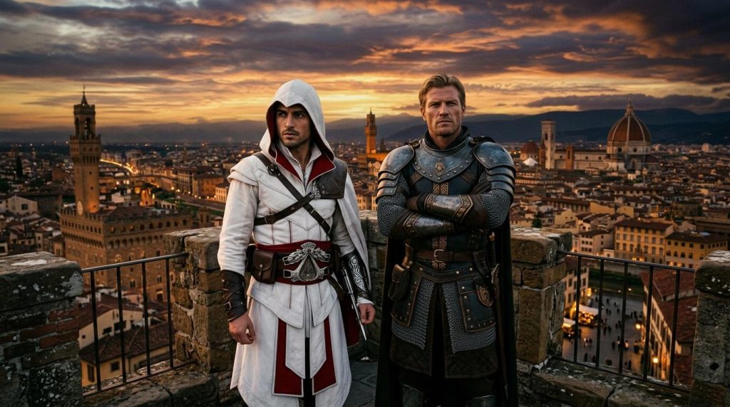Deux combattants en armure médiévale dominent Florence au coucher soleil
