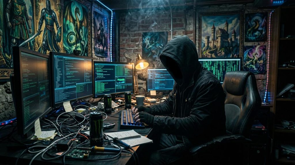 Personne en capuche devant plusieurs écrans de code informatique