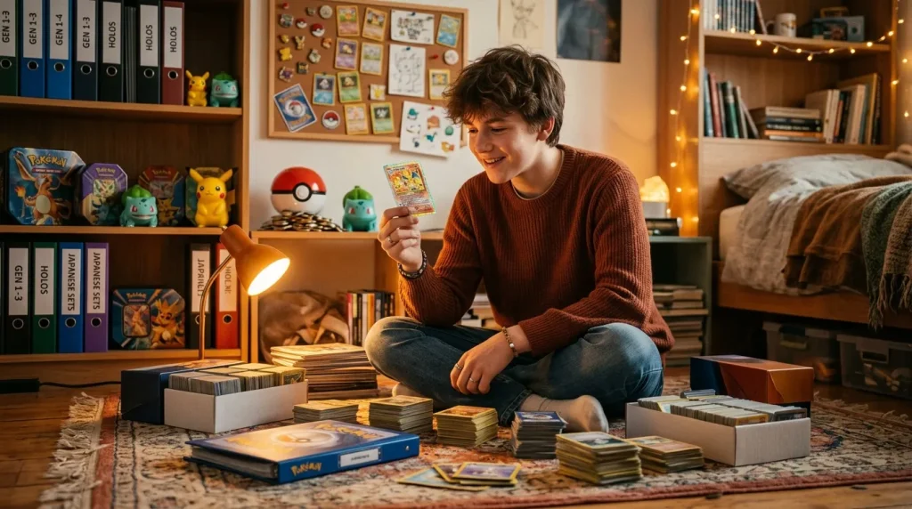 Adolescent examinant sa collection de cartes Pokémon dans sa chambre