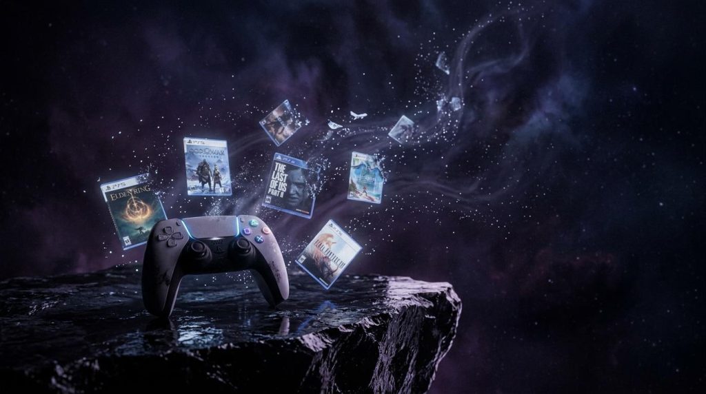 Manette de jeu avec jeux vidéo flottants dans l'espace cosmique