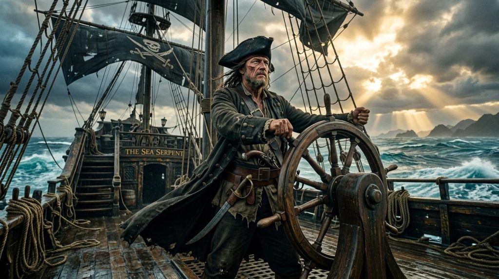 Pirate commandant la barre d'un navire en haute mer