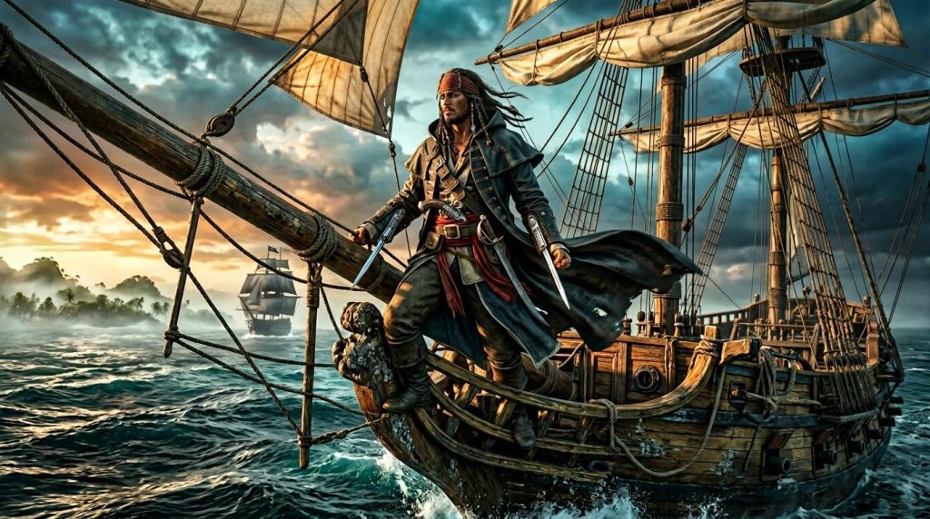 Pirate armé sur navire voilier en haute mer