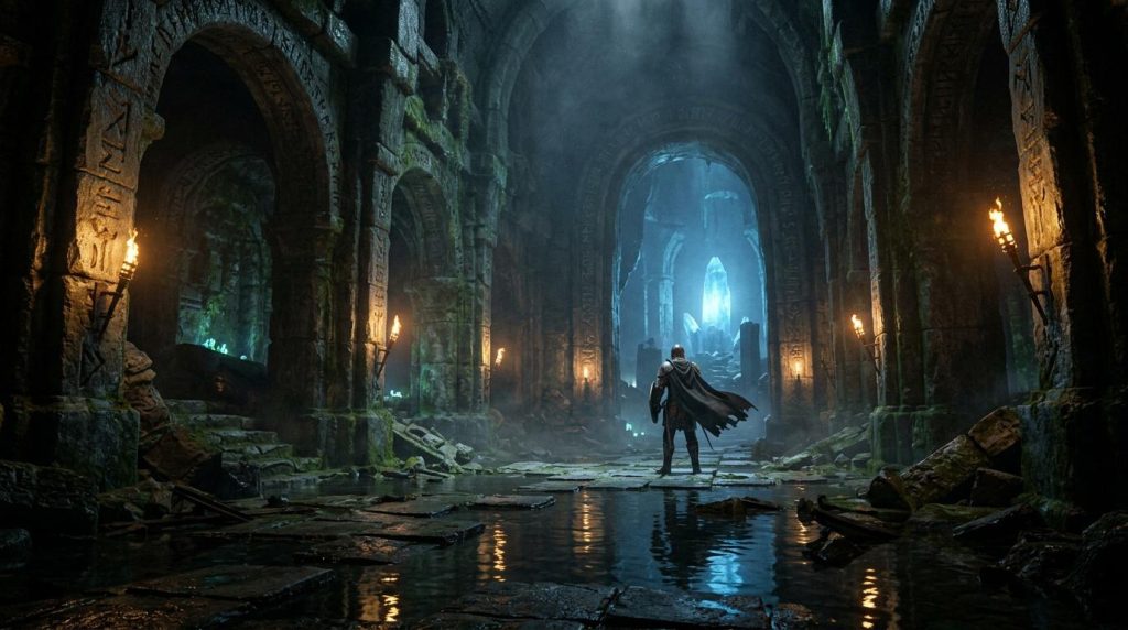 Chevalier solitaire dans une cathédrale souterraine illuminée