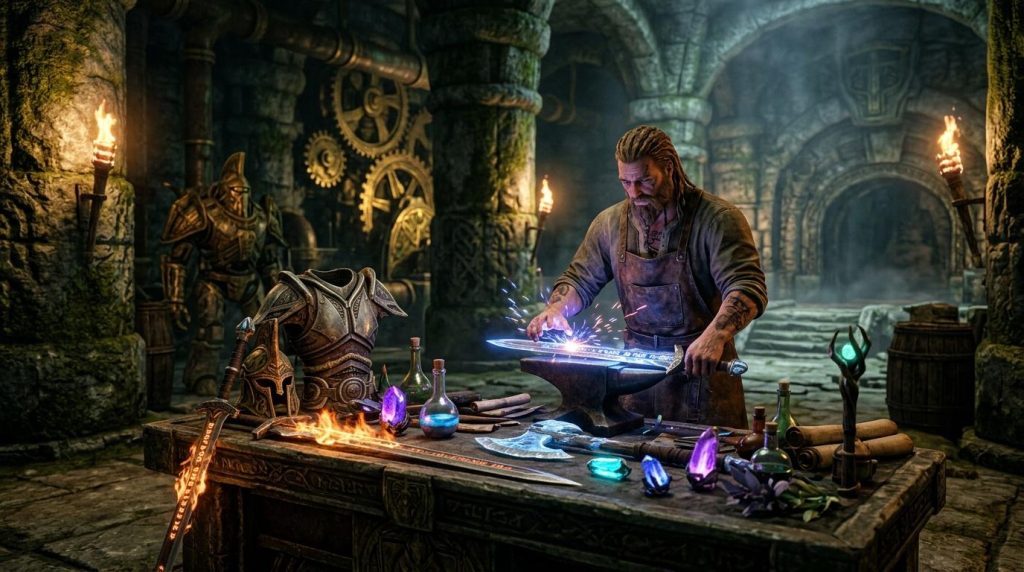 Artisan forgeant une arme magique brillante dans une caverne
