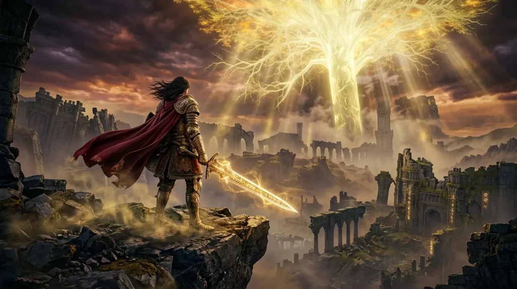 Guerrier avec épée dorée face à cité ruinée