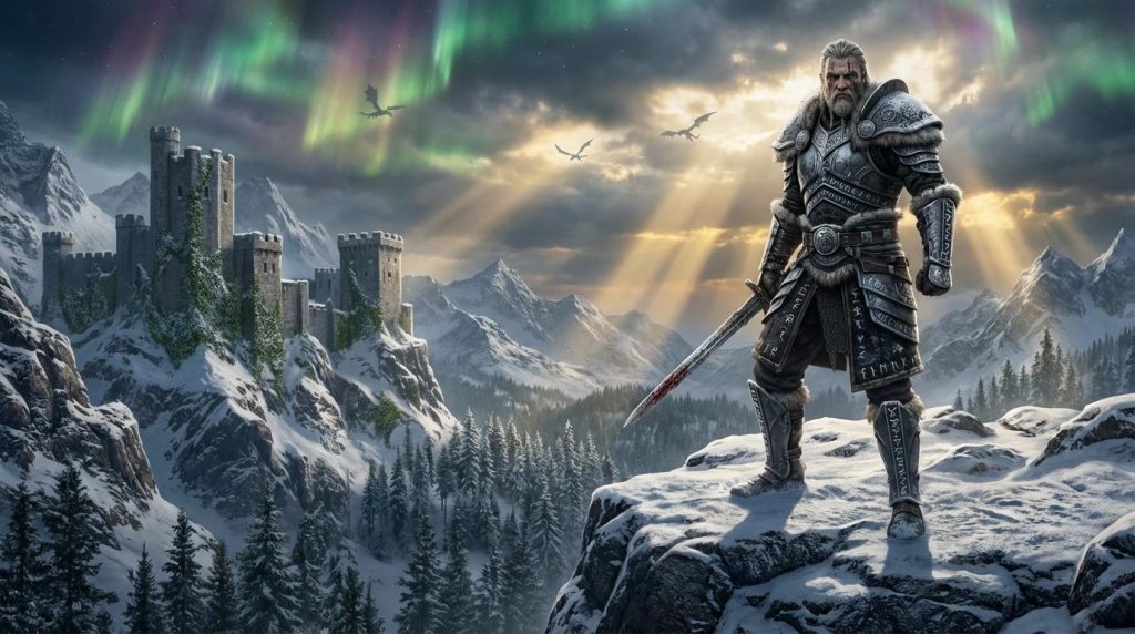Guerrier nordique en armure devant château montagneux enneigé