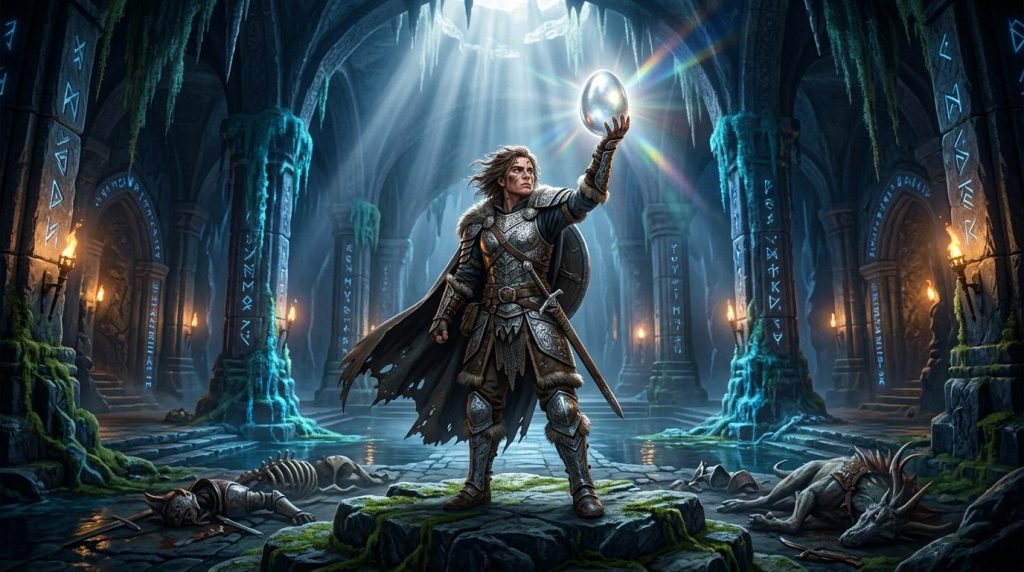 Guerrier en armure tenant un orbe brillant dans un temple ancien