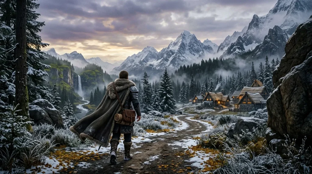 Guerrier médiéval marchant vers un village montagneux enneigé