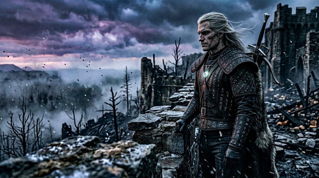 Witcher blanc cheveux contemplant paysage dévasté hivernal
