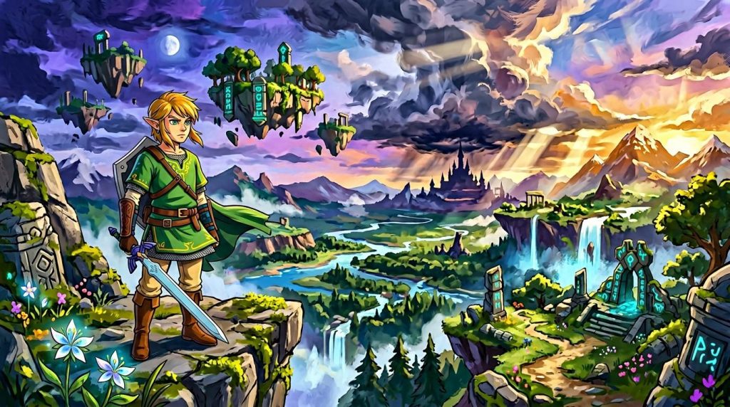 Jeune guerrier elf en tenue verte dans un monde fantastique coloré