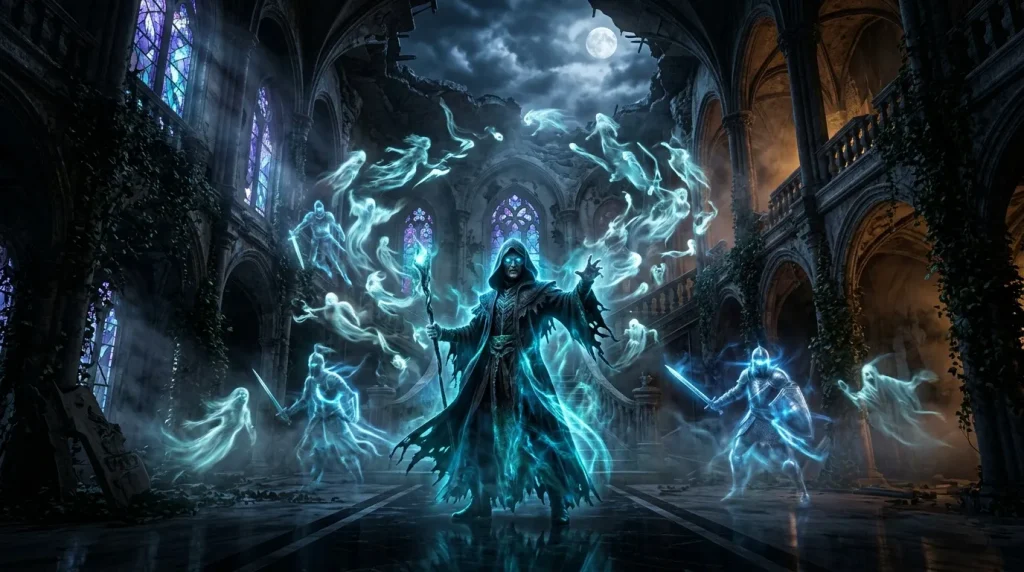 Sorcier entouré d'esprits luminescents dans cathédrale gothique