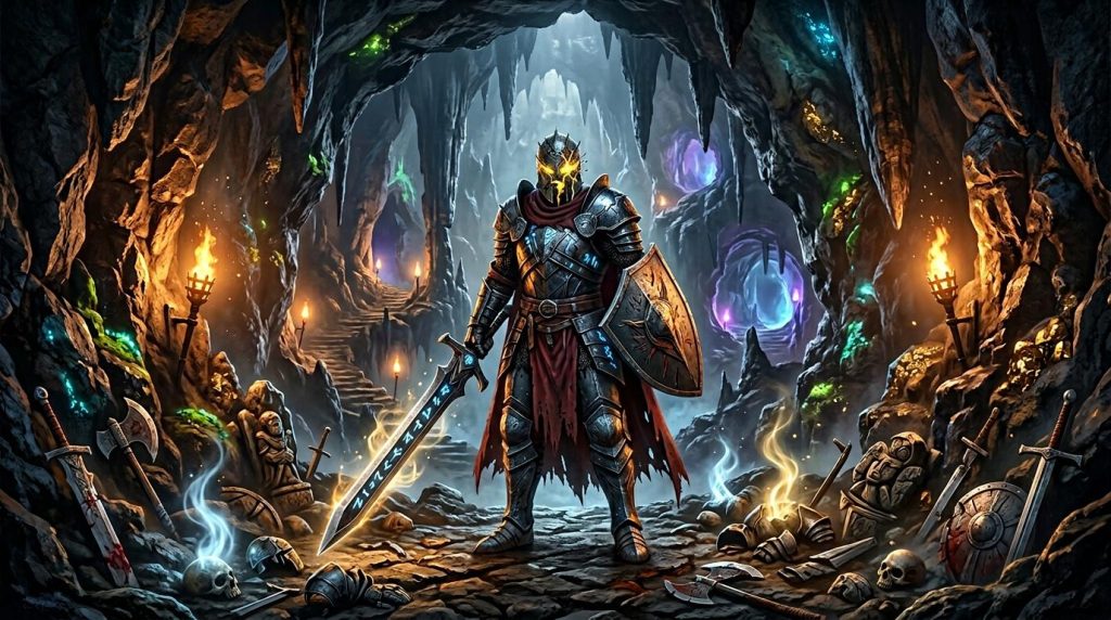 Guerrier en armure dorée dans une caverne magique souterraine