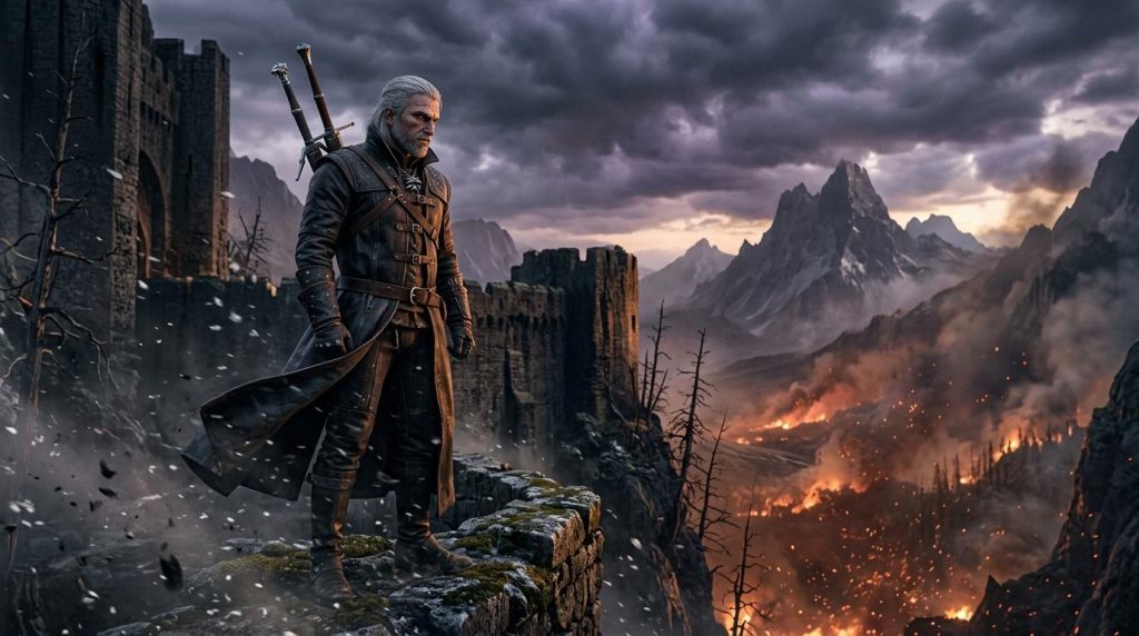 Guerrier en armure noire sur falaise rocheuse, épées au dos