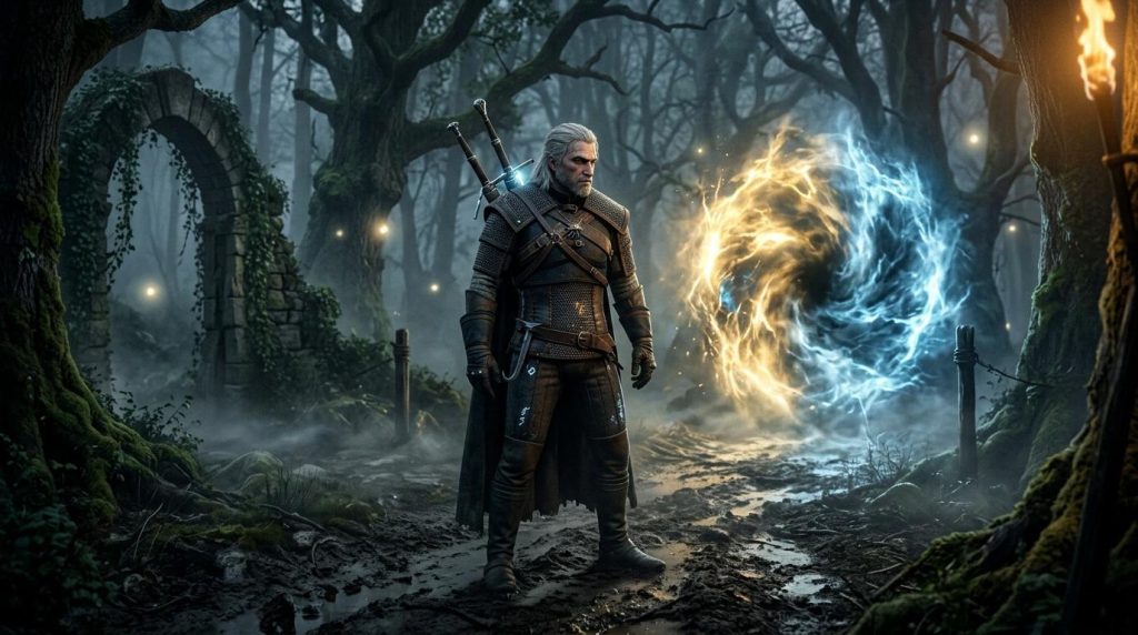 Guerrier blanc aux cheveux gris affrontant une tempête magique dans une forêt mystique.