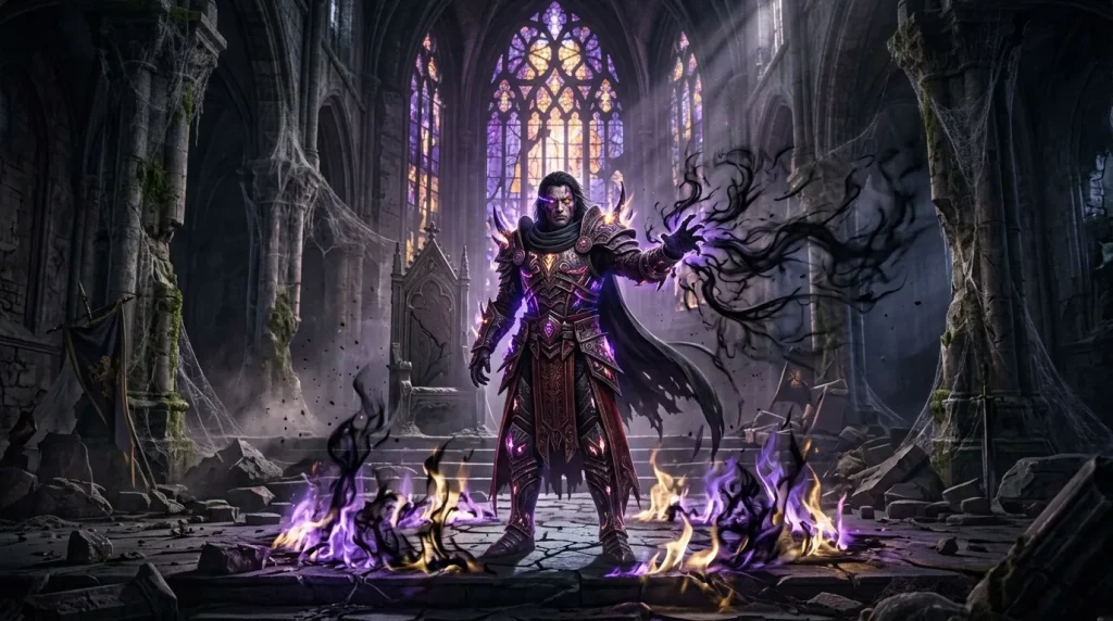 Mage puissant entouré de flammes magiques violettes dans une cathédrale en ruines