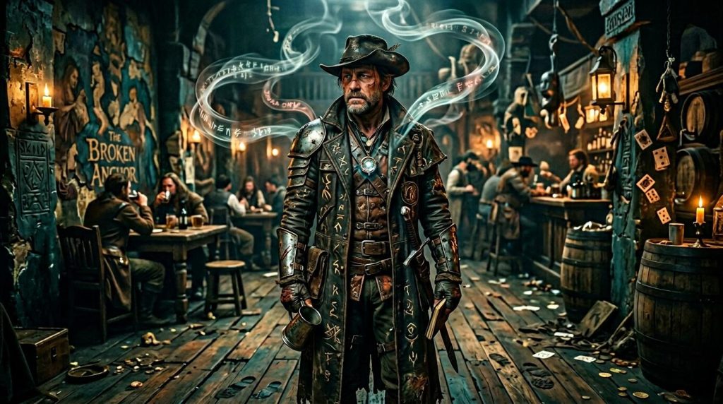 Homme en armure magique dans taverne fantastique avec runes lumineuses