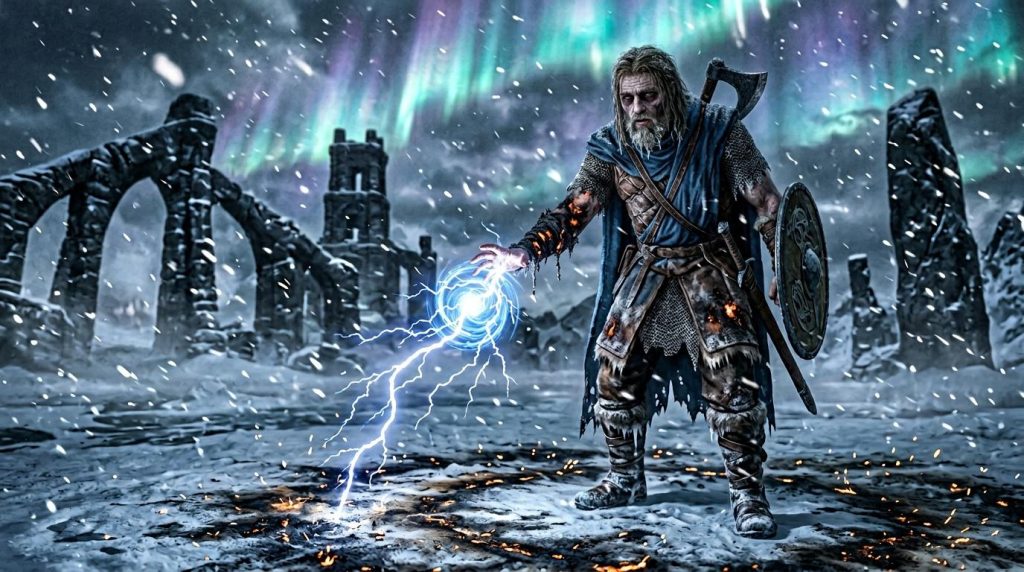 Guerrier barbu lançant magie électrique dans tempête de neige