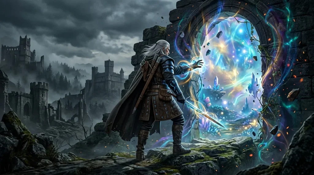 Guerrier invoquant magie bleue devant portail interdimensionnel