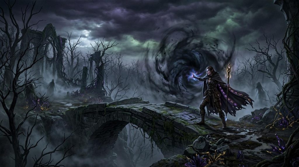 Mage conjurant un portail magique dans un monde désolé