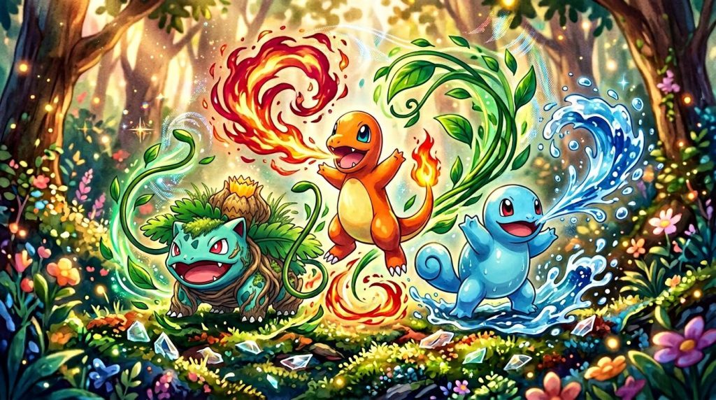 Trois Pokémon starter dans une forêt magique colorée