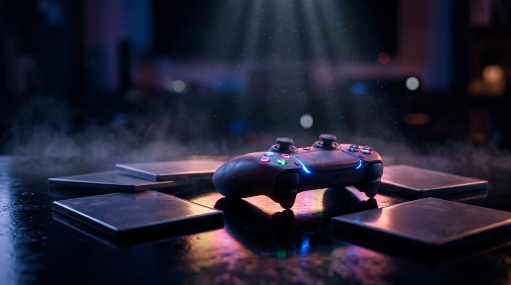 Manette de jeu illuminée avec contrôleurs sur surface réfléchissante