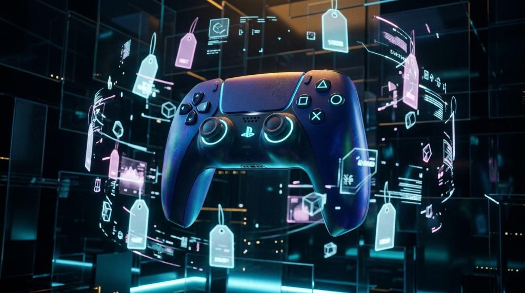 Manette PS5 entourée d'éléments numériques holographiques