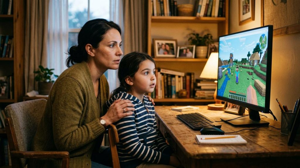 Une mère et sa fille jouent ensemble à un jeu vidéo Minecraft