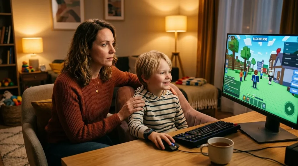 Mère et fils jouant à un jeu vidéo Blockverse ensemble