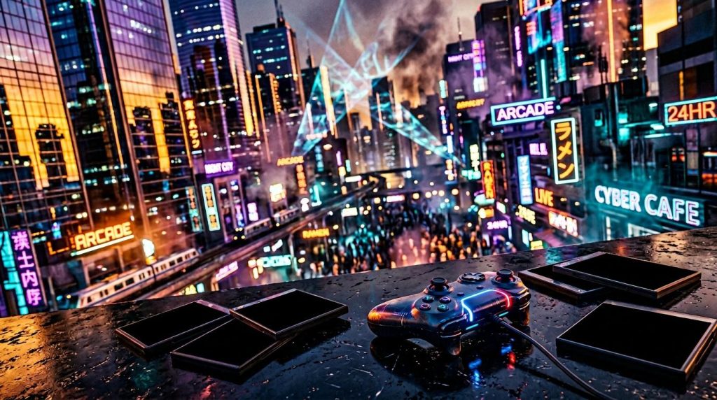 Contrôleur de jeu devant métropole illuminée néon