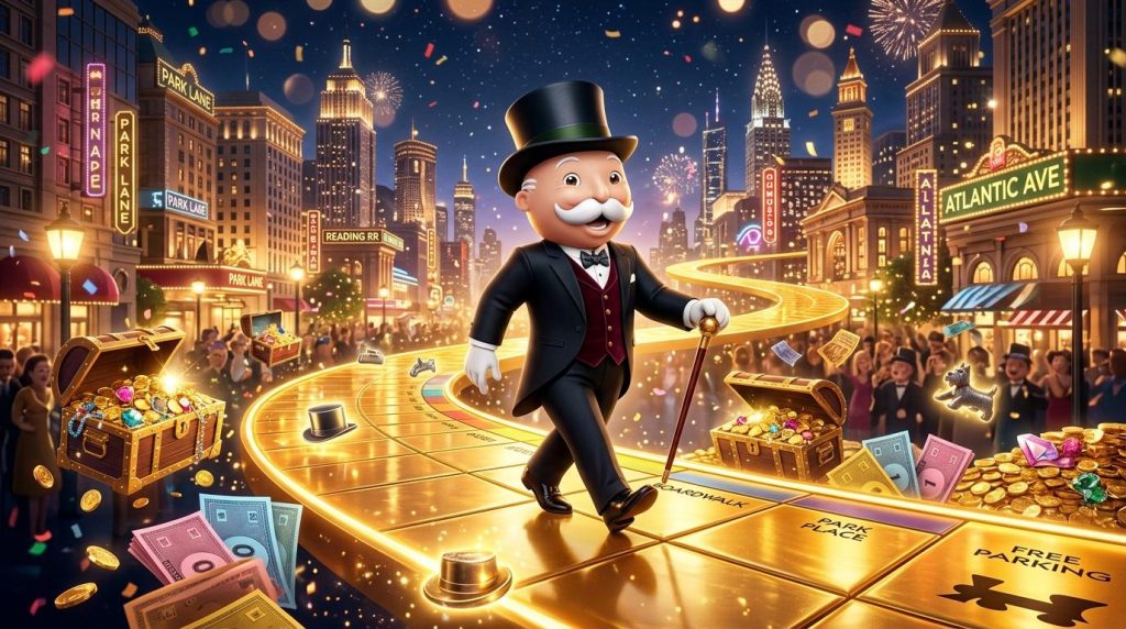 Personnage Monopoly célèbre au cœur d'une ville illuminée