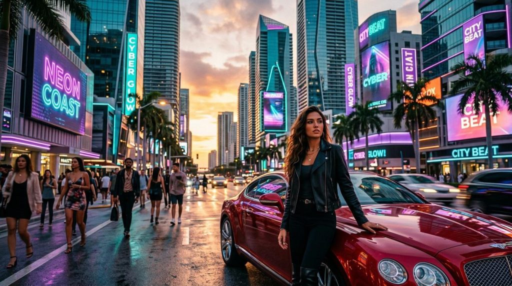 Femme en noir devant voiture rouge, néons et gratte-ciels