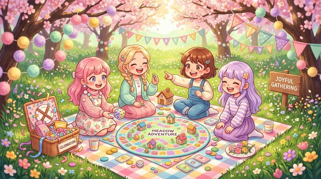 Quatre fillettes jouent à un jeu de société dans un pré fleuri