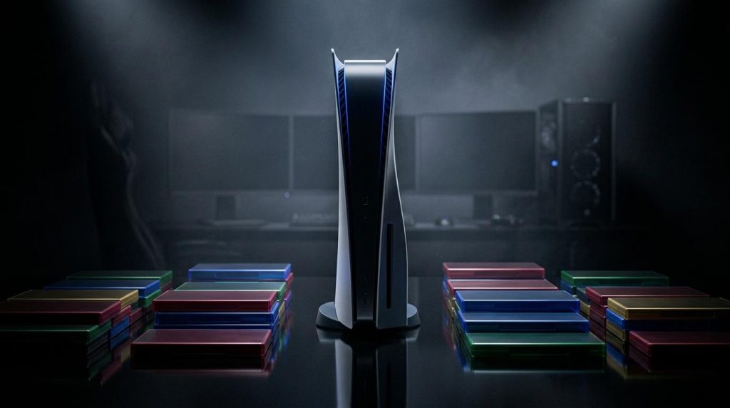 Console PS5 blanche au centre, jeux colorés de chaque côté