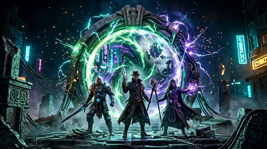 Cinq personnages devant un portail énergétique vert et violet