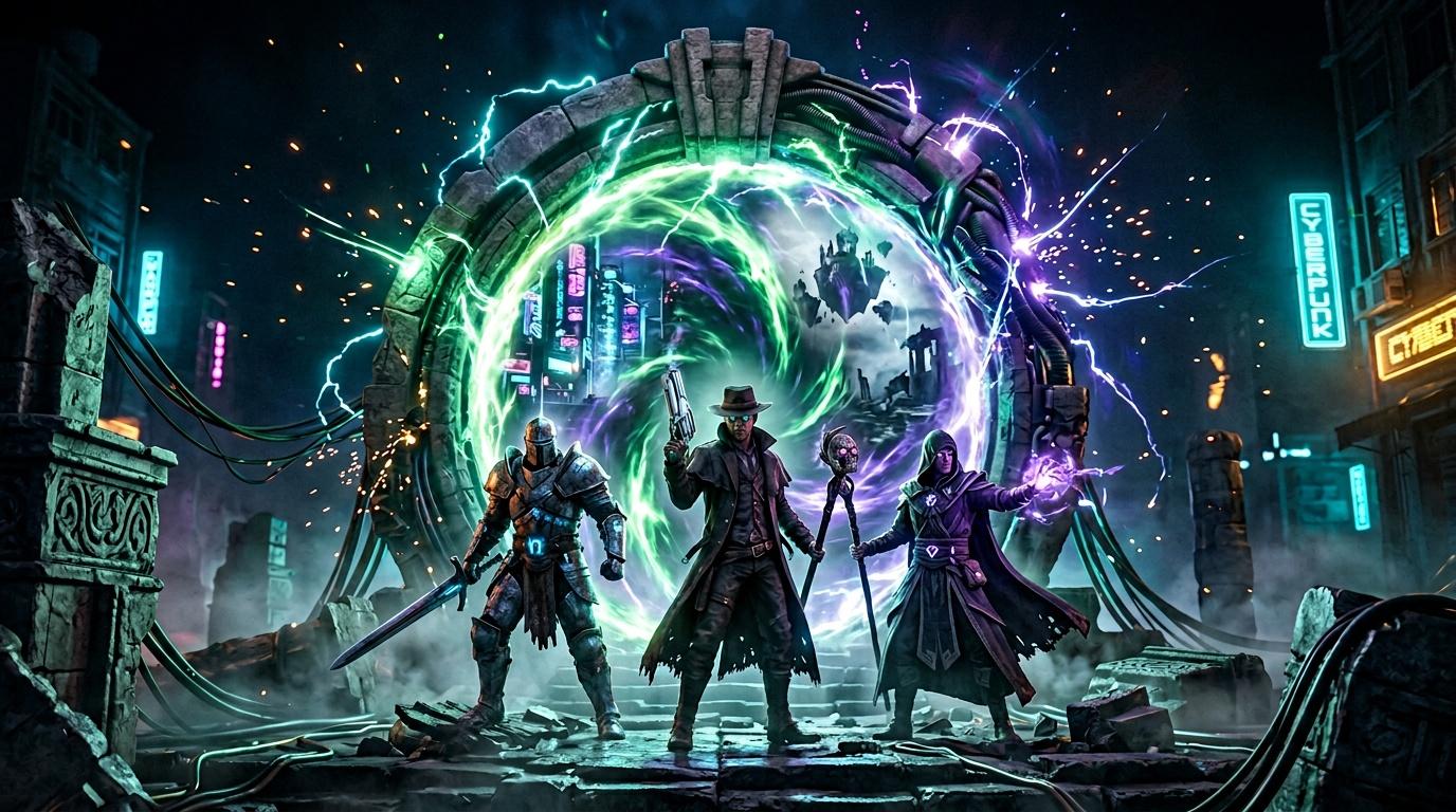 Cinq personnages devant un portail énergétique vert et violet