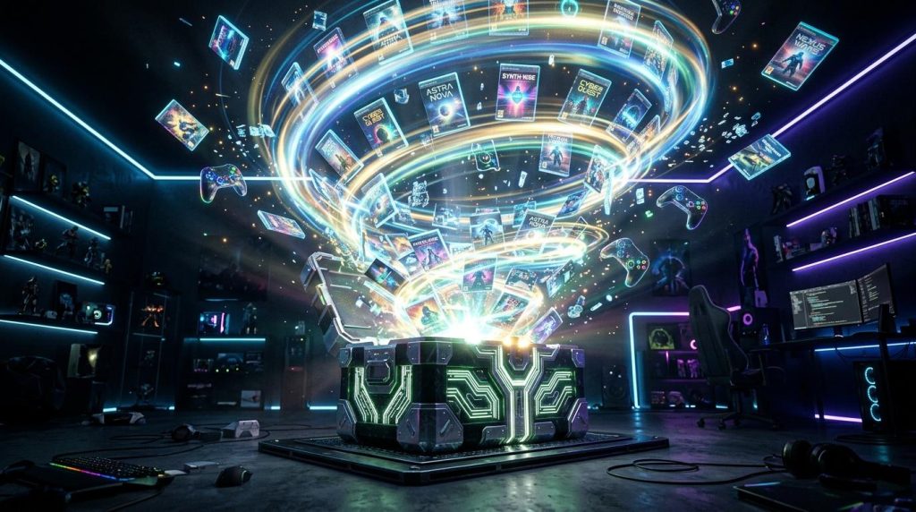 Univers futuriste avec jeux vidéo en spirale lumineuse