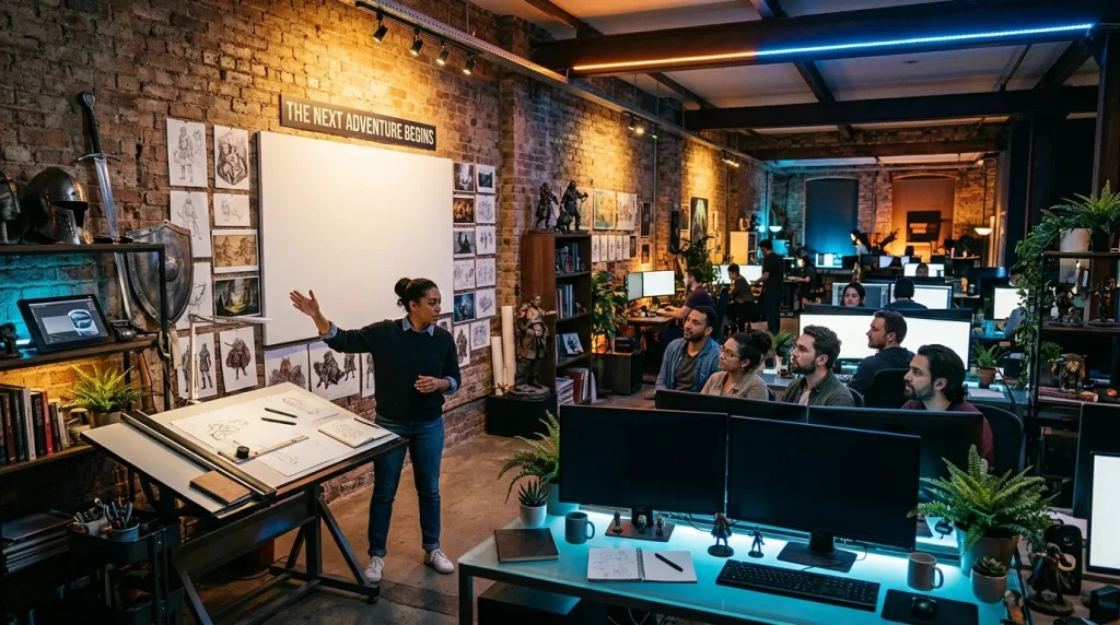 Femme présente devant équipe dans studio de développement jeu vidéo