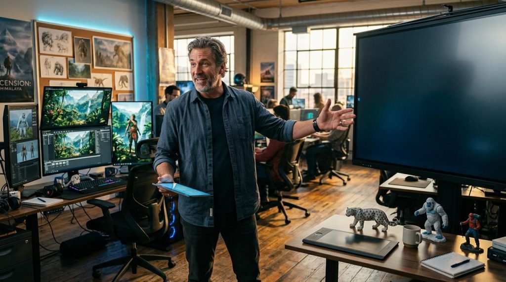 Professionnel présente projet créatif dans studio moderne avec équipe