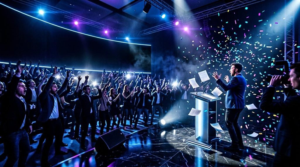 Homme à podium présente devant foule avec confettis numériques