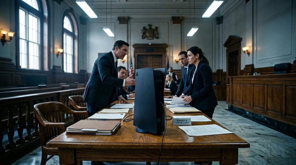 Avocats et magistrats en discussion dans une salle de tribunal.
