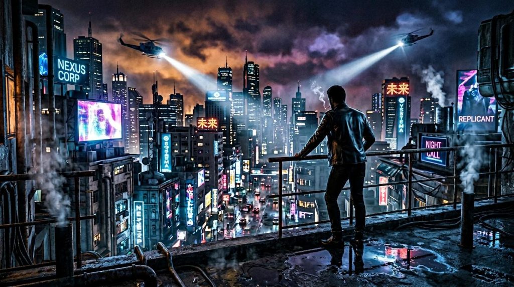 Homme seul sur toit dominant ville futuriste nuit