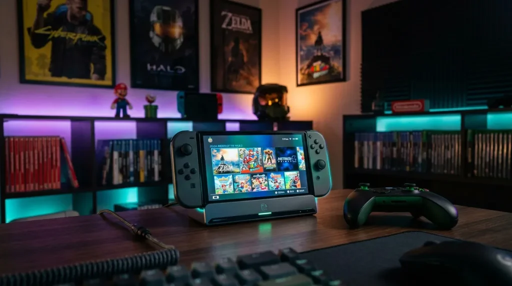 Console Nintendo Switch avec jeux vidéo sur bureau gamer