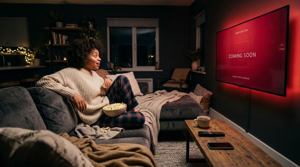 Femme regardant la télévision avec pop-corn dans un salon confortable