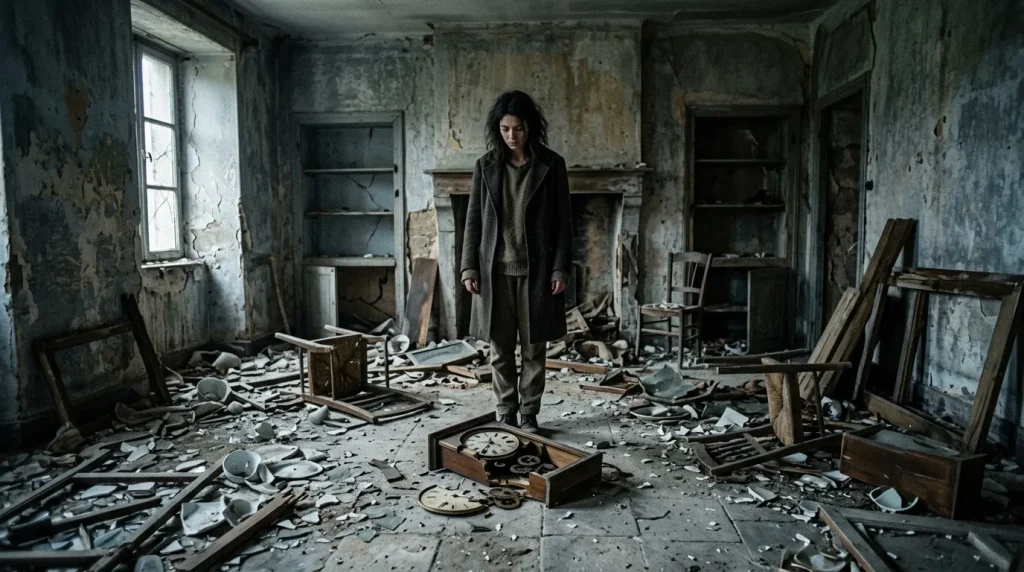 Femme seule debout dans une pièce abandonnée et décatie
